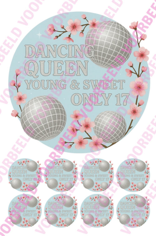 Eetbare taartprint dancing queen - 18 cm rond rond + 8 cupcake rondjes