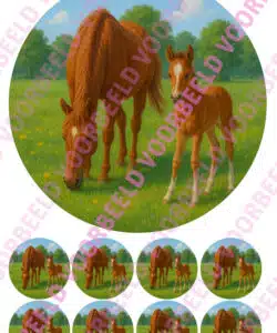 Eetbare Taartprint Paard met Veulen - 18 cm rond rond + 8 cupcake rondjes
