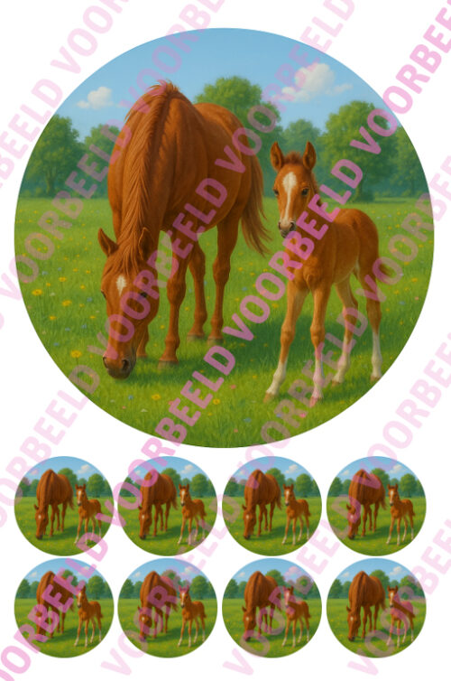 Eetbare taartprint paard met veulen - 18 cm rond rond + 8 cupcake rondjes