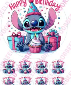 Eetbare Taartprint Stitch 3 - 18 cm rond rond + 8 cupcake rondjes