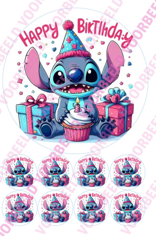 Eetbare taartprint stitch 3 - 18 cm rond rond + 8 cupcake rondjes
