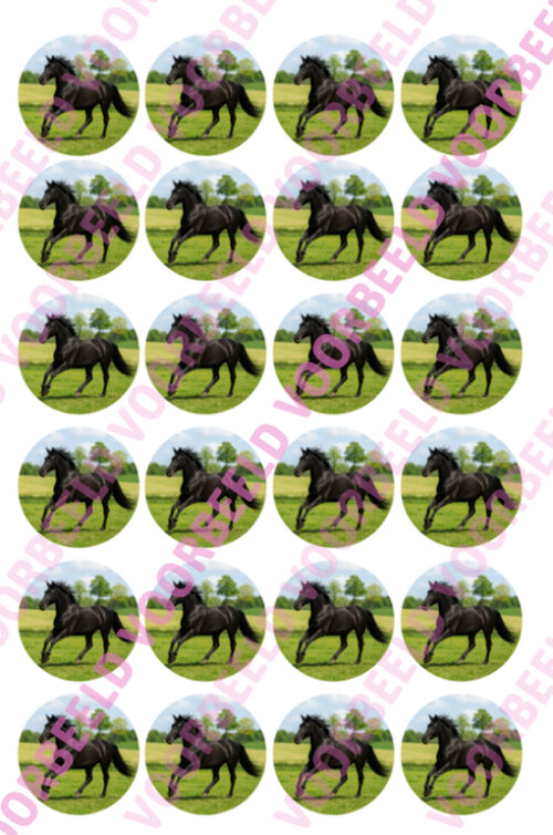 Eetbare cupcakeprint zwart paard - 24 cupcake rondjes