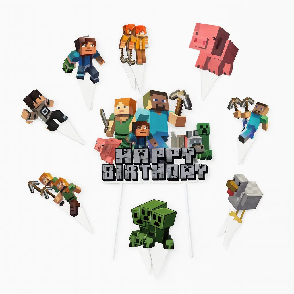 Caketopper + cupcake prikkers minecraft happy birthday versie 2 bij cake, bake & love 5 Caketopper + cupcake prikkers minecraft happy birthday versie 2