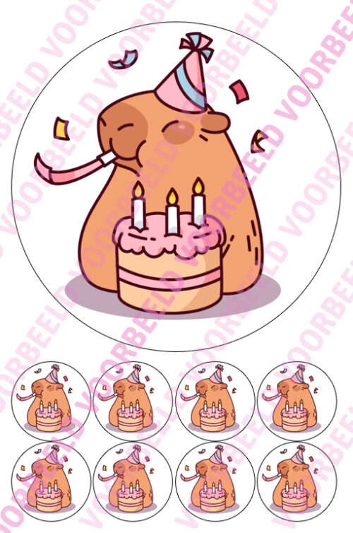 Eetbare taartprint capibara - 18 cm rond rond + 8 cupcake rondjes