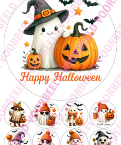 Eetbare Taartprint Halloween Funny Ghosts - 18 cm rond rond + 8 cupcake rondjes