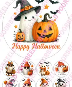 Eetbare Taartprint Halloween Funny Ghosts - 18 cm rond rond + 8 cupcake rondjes