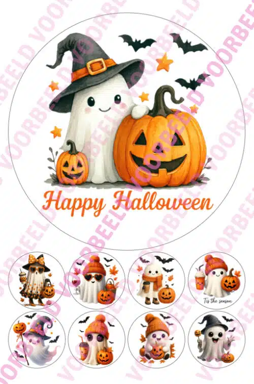 Eetbare taartprint halloween funny ghosts - 18 cm rond rond + 8 cupcake rondjes