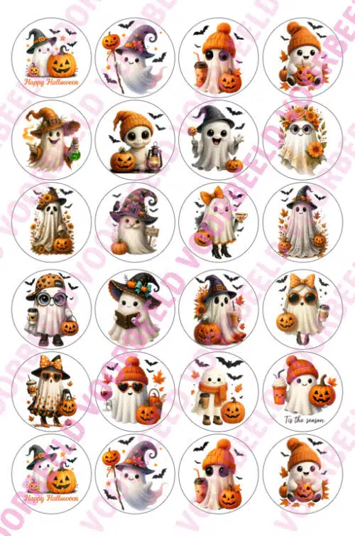 Eetbare cupcakeprint funny ghosts - 24 cupcake rondjes