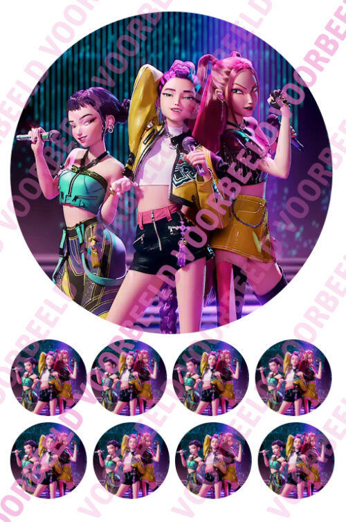 Eetbare taartprint kpop demon hunters - 18 cm rond rond + 8 cupcake rondjes
