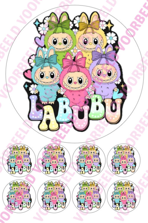 Eetbare taartprint labubu - 18 cm rond rond + 8 cupcake rondjes