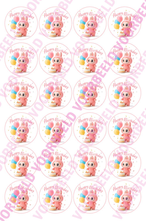Eetbare cupcakeprint labubu happy birthday - 24 cupcake rondjes