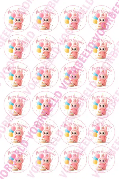 Eetbare cupcakeprint labubu happy birthday - 24 cupcake rondjes