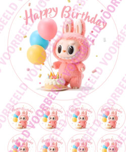 Eetbare Taartprint Labubu Happy Birthday - 18 cm rond rond + 8 cupcake rondjes
