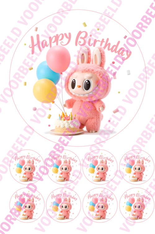 Eetbare taartprint labubu happy birthday - 18 cm rond rond + 8 cupcake rondjes