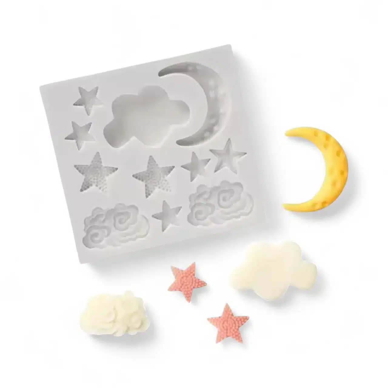 Siliconen mal wolken, sterren en maan bij cake, bake & love 5 Siliconen mal wolken, sterren en maan
