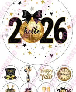 Eetbare Taartprint Happy New Year 2026 Retro Black & Gold - 18 cm rond rond + 8 cupcake rondjes