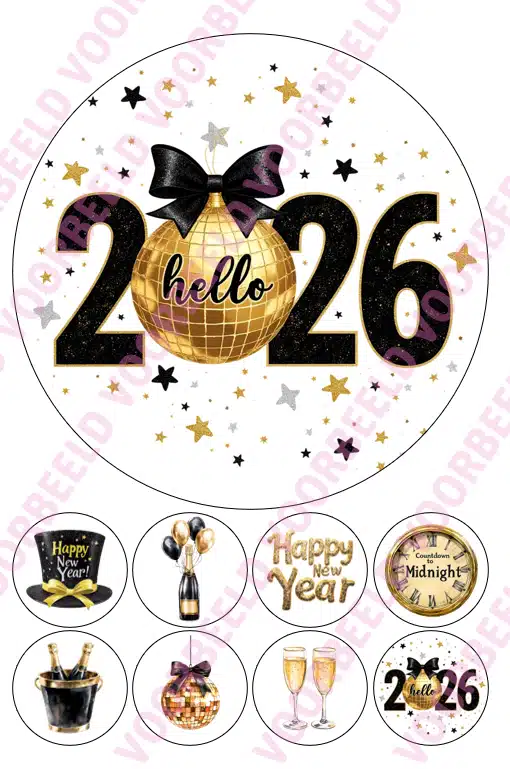 Eetbare taartprint happy new year 2026 retro black & gold - 18 cm rond rond + 8 cupcake rondjes bij cake, bake & love 5 Eetbare taartprint happy new year 2026 retro black & gold - 18 cm rond rond + 8 cupcake rondjes