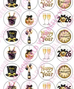 Eetbare Cupcakeprint Happy New Year 2026 Retro Black & Gold  - 24 cupcake rondjes