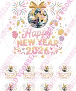 Eetbare Taartprint Happy New Year 2026 Disco Ball - 18 cm rond rond + 8 cupcake rondjes