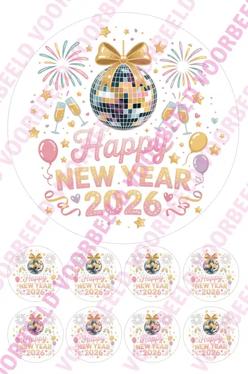 Eetbare taartprint happy new year 2026 disco ball - 18 cm rond rond + 8 cupcake rondjes bij cake, bake & love 5 Eetbare taartprint happy new year 2026 disco ball - 18 cm rond rond + 8 cupcake rondjes