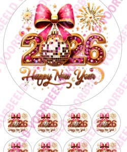Eetbare Taartprint Pink Glitter Happy New Year - 18 cm rond rond + 8 cupcake rondjes