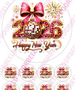 Eetbare Taartprint Pink Glitter Happy New Year - 18 cm rond rond + 8 cupcake rondjes