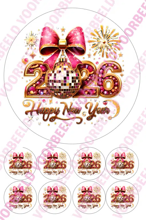 Eetbare taartprint pink glitter happy new year - 18 cm rond rond + 8 cupcake rondjes bij cake, bake & love 5 Eetbare taartprint pink glitter happy new year - 18 cm rond rond + 8 cupcake rondjes