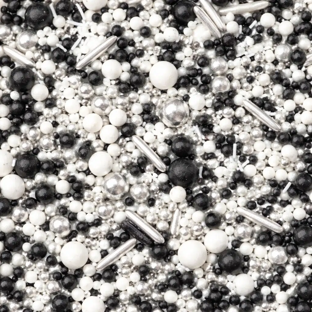 Sprinkley sprinkles - zilver, zwart en wit parel mix 80 gram bij cake, bake & love 5 Sprinkley sprinkles - zilver, zwart en wit parel mix 80 gram