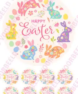 Eetbare taartprint happy easter pastel bunny's - 18 cm rond rond + 8 cupcake rondjes