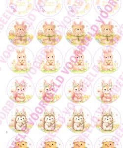 Eetbare Cupcakeprint Happy Easter Cute Animals - 24 cupcake rondjes