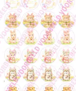 Eetbare Cupcakeprint Happy Easter Cute Animals - 24 cupcake rondjes
