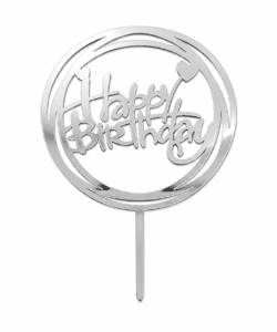 Happy Birthday Round Topper Zilver Acryl Extra Dun