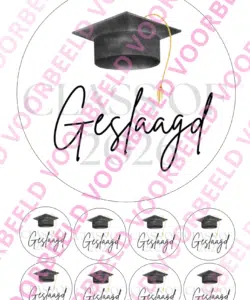 Eetbare Taartprint Geslaagd 2 – 18 cm rond + 8 cupcake rondjes