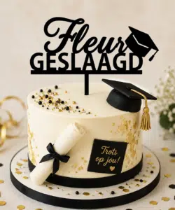 Gepersonaliseerde taarttopper geslaagd met naam en afstudeerhoedje bij cake, bake & love 8