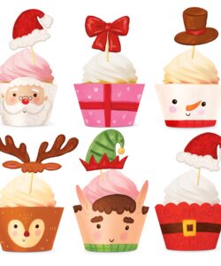 Kerst Cupcake Wrappers met Toppers – 12-delige set