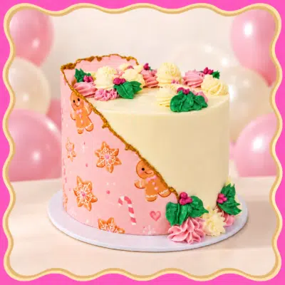 Feestelijke kersttaart op roze achtergrond Feestelijke kersttaart op roze achtergrond