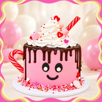 Roze smiley-driptaart met zachte ballonnen Roze smiley-driptaart met zachte ballonnen
